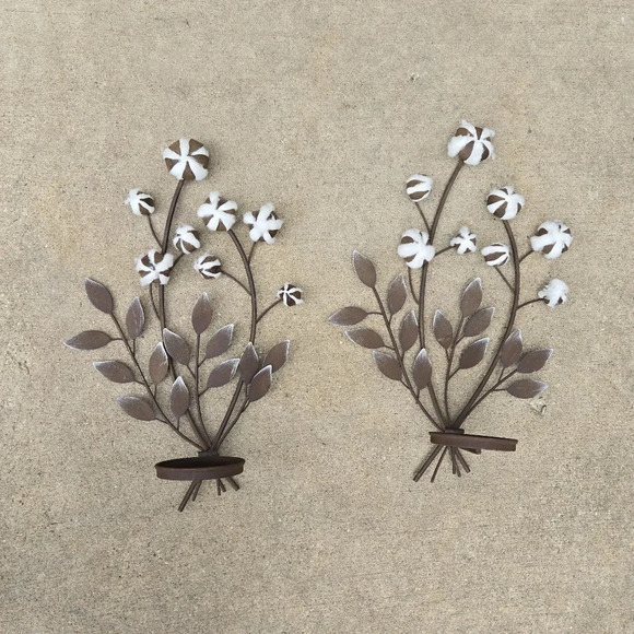 Rustic Metal Cotton Stem Hanging Wall Candle Sconces Pair Farmhouse Decor - Picture 1 of 10